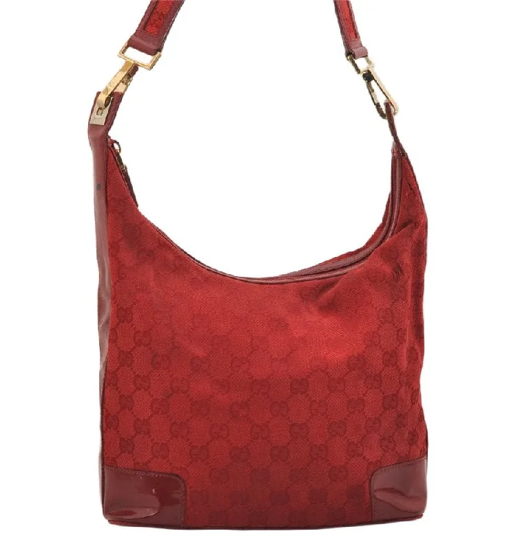 Women Gucci bags with a front - flap pocket for quick - access itemsAuthentic GUCCI Shoulder Hand Bag Purse GG Canvas Enamel 0014204 Red 3997K