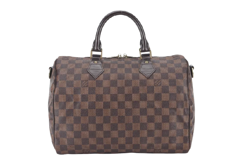 Louis Vuitton Neverfull bags with large capacity for everyday essentialsLOUIS VUITTON SPEEDY BANDOULIERE 30 DAMIER EBENE CANVAS GOLD HARDWARE WITH STRAPS AND DUST COVER