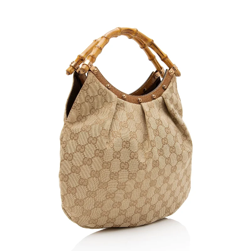 Women Gucci bags with a zippered interior pocketGucci GG Canvas Bamboo Studded Small Hobo (SHF-EISNu2)