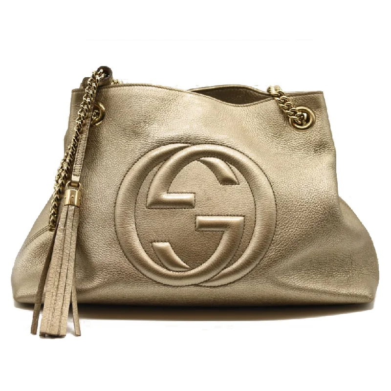 Medium - sized Women Gucci handbags for everyday useGucci Metallic Pebbled Calfskin Medium Soho Chain Shoulder Bag Golden Beige