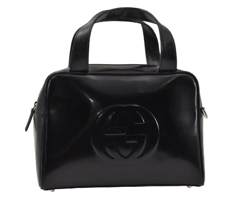 Medium - sized Women Gucci handbags for everyday useAuthentic GUCCI Interlocking G 2Way Hand Bag Purse Enamel Black Junk 4003K