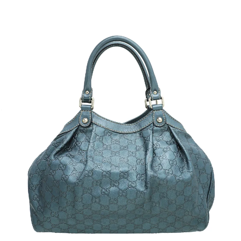 Women Gucci Sylvie bags with a detachable ribbon detailGucci Metallic Slate Blue Guccissima Sukey Tote Medium Bag