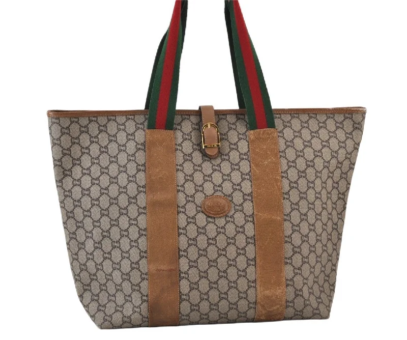 Women Gucci crossbody bags in a bold red colorAuthentic GUCCI Web Sherry Line Vintage GG Plus PVC Leather Tote Bag Brown 0956K