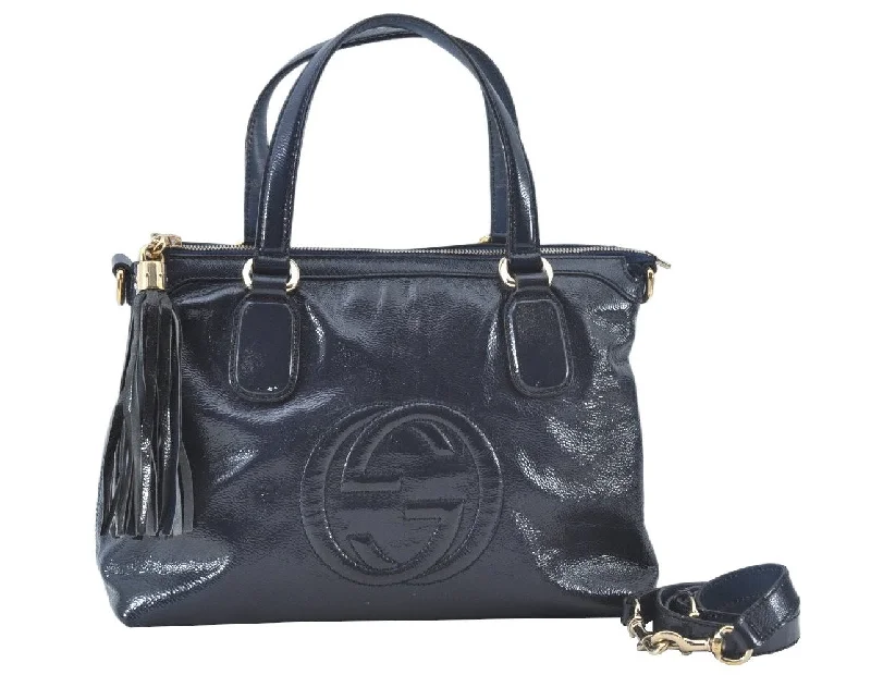 Women Gucci bags with a zip - around closure for securityAuthentic GUCCI SOHO Tassel 2Way Shoulder Hand Tote Bag Enamel 308362 Navy 1038K