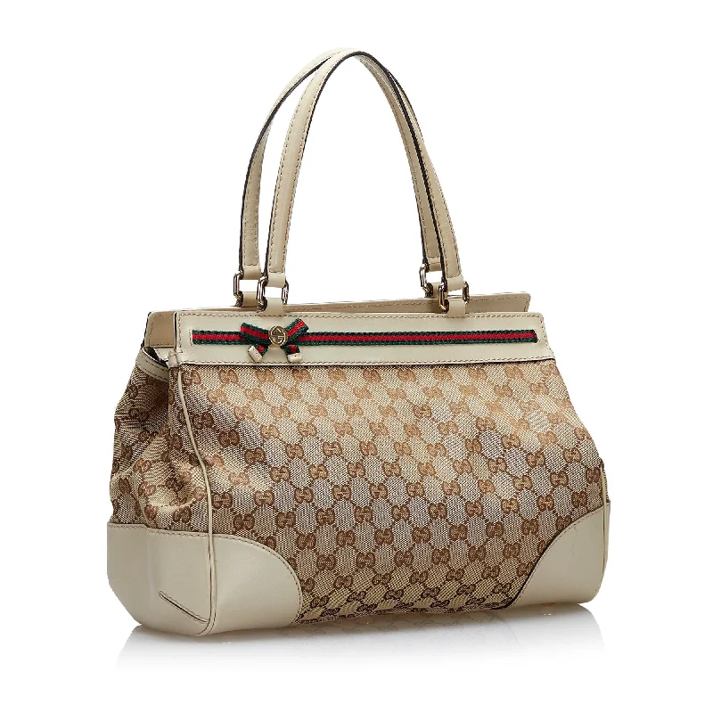 Women Gucci Sylvie bags with a leather - wrapped handleGucci GG Canvas Web Mayfair (SHG-37114)