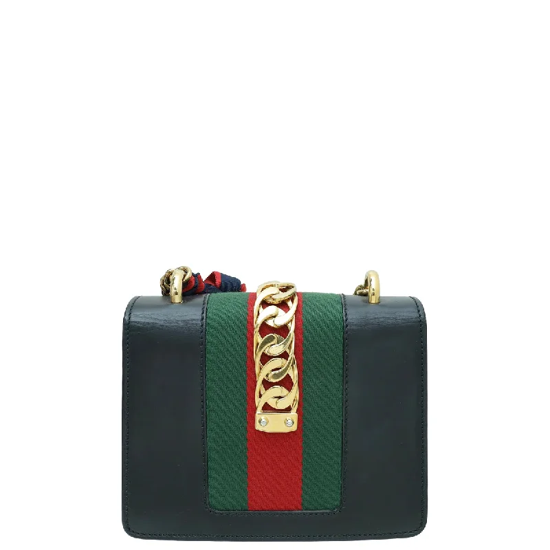 Women Gucci bags with a front - flap pocket for quick - access itemsGucci Black Sylvie Mini Chain Shoulder Bag