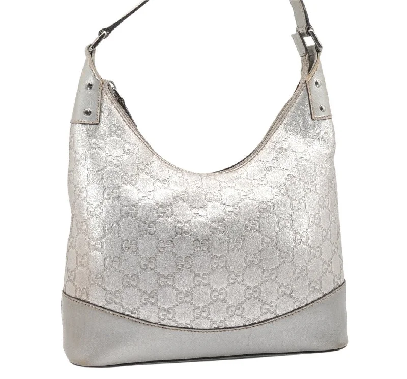 Women Gucci bags with a chain - link trim and a leather bodyAuthentic GUCCI Guccissima GG Leather Shoulder Hand Bag 239379 Silver 3886K