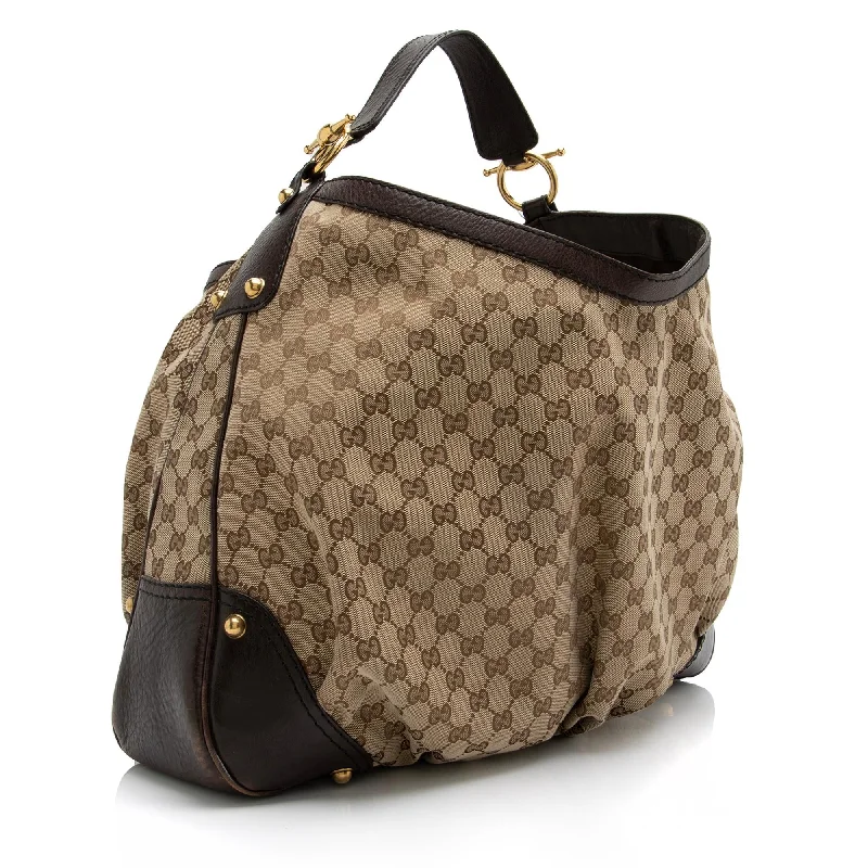 Women Gucci bags with a front - flap pocket for quick - access itemsGucci GG Canvas Jockey Large Hobo (SHF-23522)