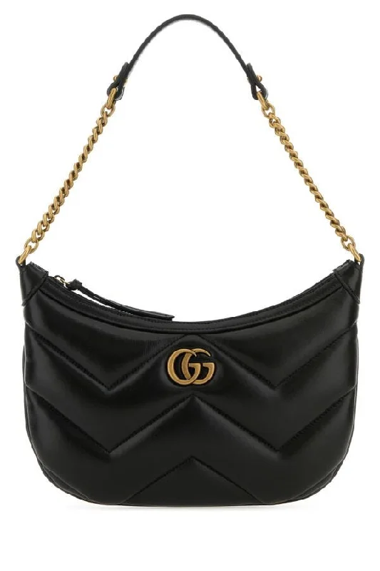 Women Gucci bags with a snap - button closure and a decorative charmGucci Women Black Leather Gg Marmont Shoulder Bag