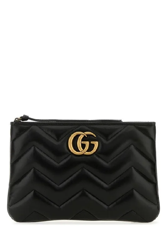 Gucci tote bags for women with a printed Gucci logoGucci Women Black Leather Gg Marmont Clutch