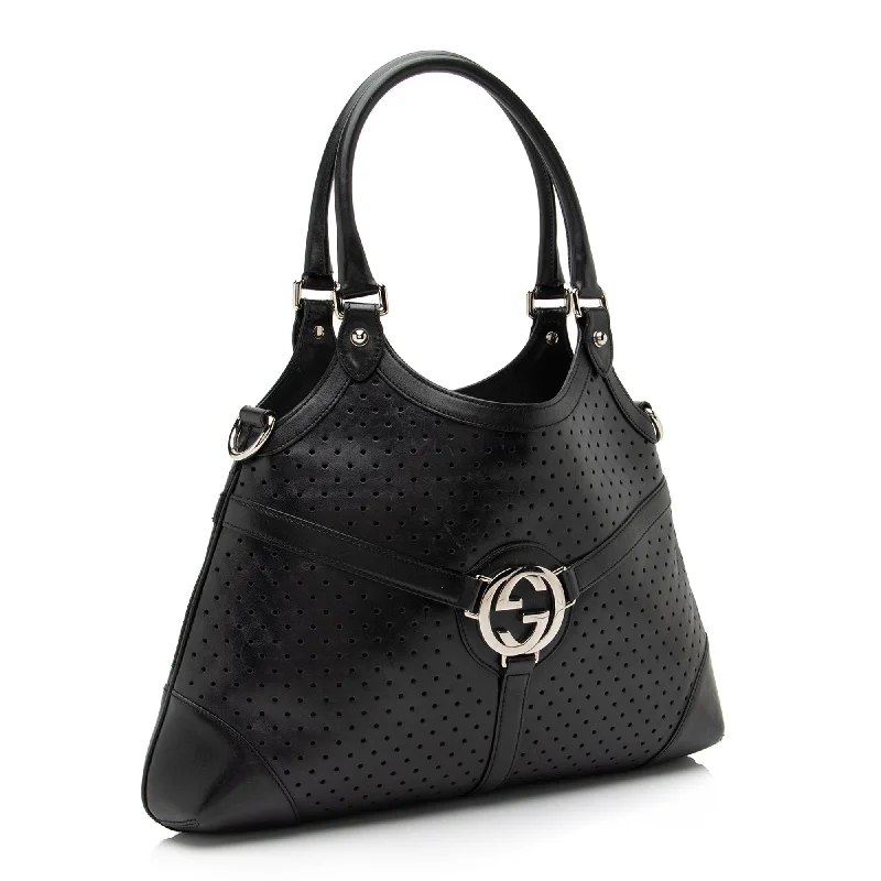 Ladies Gucci shoulder bags with a wide - width strapGucci Perforated Leather Interlocking G Reins Satchel (SHF-23526)