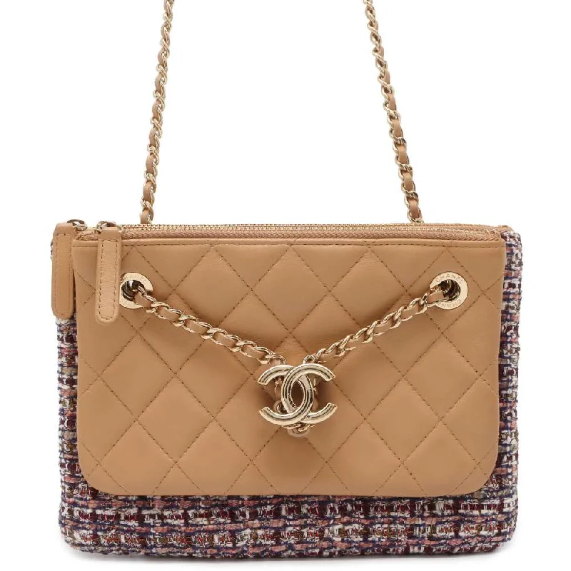 Chanel bags with gold, silver, and pearl accentsCHANEL Matelasse Chain ShoulderPouch Beige/Multicolor AP1074 Leather Tweed