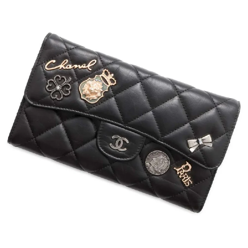 Chanel Handbag with Adjustable Strap for ComfortCHANEL Matelasse IconBag Charm Long Wallet Black Lambskin