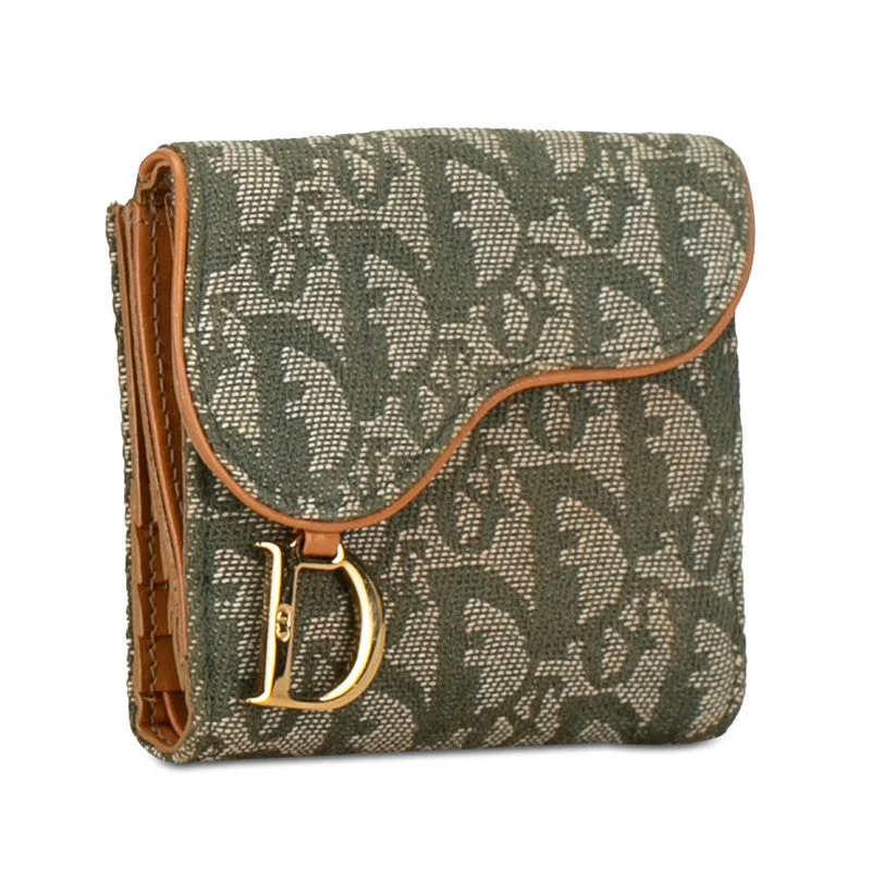 High - fashion Christian Dior bags with a geometric patternDior Trotter Saddle Twin Fold Wallet Green Beige Canvas Leather  Dior